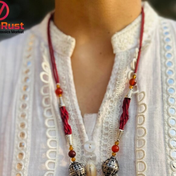 Vintage Style Tassel Necklace with Ornate Metal Beads, Statement Tribal Pendant - Picture 2 of 13
